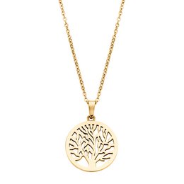 Gold ion plated necklace with a tree of life pendant. The pendant features a delicate, intricate tree design in a circular shape. The necklace has a classic gold chain.