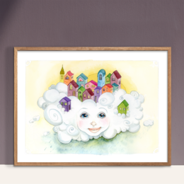 "Colorful, whimsical illustration of a smiling cloud-like character with houses and shapes floating around it. This image would be suitable for a children's room or nursery decor."

The image depicts a whimsical, cloud-like character with a smiling face surrounded by colorful houses, shapes, and other playful elements. The overall style is bright, cheerful, and suitable for a children's room or nursery decor.

The key details that could be useful for a semantic search include:
- Colorful, whimsical illustration
- Cloud-like character with a smiling face
- Surrounded by houses, shapes, and other playful elements
- Suitable for children's room or nursery decor