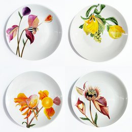  Set of 4 botanical-inspired breakfast plates featuring vibrant floral designs in shades of pink, yellow, and orange.