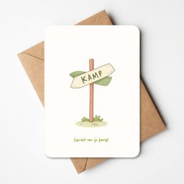 Colorful camping-themed friendship card with a map graphic and the text "Camp | Card" and "Kamp".
