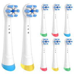  White and colorful Oral B IO toothbrush heads, compatible with Oral B IO electric toothbrushes. The heads feature soft bristles for gentle cleaning and come in a pack of 8.