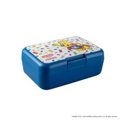 A blue plastic food box with a plastic lid, measuring 16.5 x 11.5 cm, featuring the Haribo brand logo and colorful candy designs.
