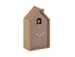 Modern cuckoo alarm clock, house-shaped design, beige tan wood material, minimalist style, small door window.