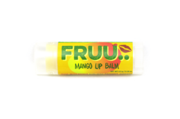 Mango-flavored lip balm with a vibrant, fruity design.