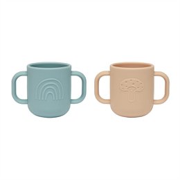  Two colorful kids cups, one mint green with a rainbow design and one beige with a cloud design. The cups have handles and appear to be made of a durable material suitable for children.