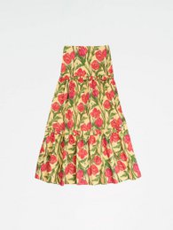  Long yellow maxi skirt with vibrant red tulip floral print. Flowing, tiered silhouette with elastic waistband for comfortable fit. Suitable for casual or formal occasions.