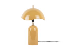  A tall, round table lamp with a golden yellow dome-shaped shade and a cylindrical base.