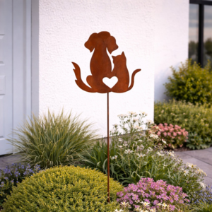 Garden stake Dog Cat Love made of patina