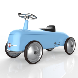 A blue Fiat 500 Roadster child carrier with a steering wheel and wheels, suitable for push and pull toy use.