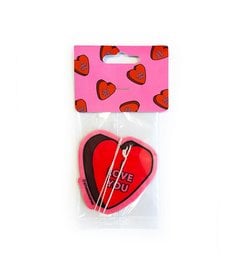 Heart-shaped air freshener with "I Love You" text, in a pink and red heart-patterned packaging.