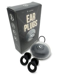  Black and gray dome-shaped earplugs with soft silicone ear tips, compact protective case included.