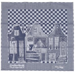 "Tea towel featuring a charming illustration of houses on a canal, with the text 'Fiep Westendorp | Pim&Pom on the canal'. The towel is made of cotton and has a checkered border design."