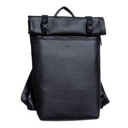 A sleek and stylish backpack in black, featuring a roll-top design, adjustable straps, and a durable, water-resistant material. Ideal for everyday use or travel.