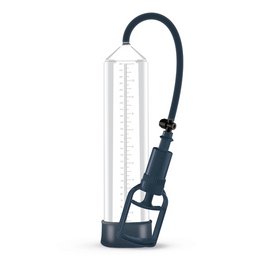 A clear, cylindrical penis pump with a black handle and gauge. Designed for male enhancement.