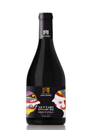 Nero D'Avola barricaded Sicilian still red wine with a black label. Full-bodied, rich, and complex flavor profile.