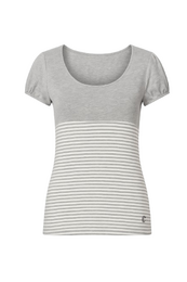 "Gray striped short sleeve t-shirt, horizontal stripes, casual women's top, comfortable fit"
