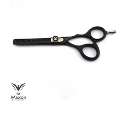 Matte black stainless steel thinning shears, 5.5 inches long, with a right-handed design and a leather case included.