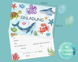 Underwater invitation card set to fill out including envelopes for shark children's birthday parties or mermaid parties