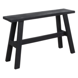 Large black wooden bench with a simple, minimalist design. Suitable for use as a bus stop or entryway seating.