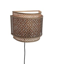A round, half-moon shaped wall lamp made of bamboo with a black and natural finish. The lamp has a woven, lattice-like design that creates a warm, ambient lighting effect.