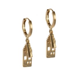 Gold and silver hoop earrings with geometric pendant charms.