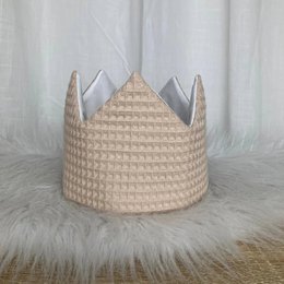 Beige waffle textured crown party hat with pointed peaks, soft quilted fabric material