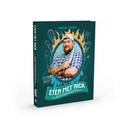 "Cookbook featuring a bearded chef in a blue and white checkered shirt, holding a hamburger. The book cover has a vibrant, illustrated design with the title 'Eten met Nick' (Eating with Nick)."