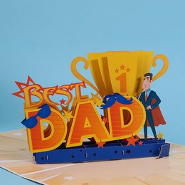  3D Father's Day gift card with text "Best Dad" and trophy icon, suitable for a Father's Day gift.