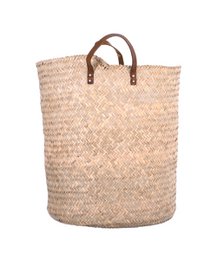  Woven straw tote bag with green and white striped pattern, featuring leather handles and trim.