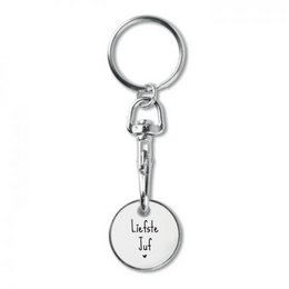 A silver-colored metal keychain with a circular charm that says "Liefste juf" (Dutch for "Dearest teacher").