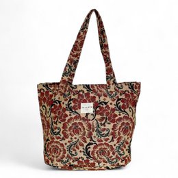  Large, reusable tote bag with a colorful, paisley-inspired floral print pattern. Made of durable, cotton-blend material. Features two sturdy handles for easy carrying.