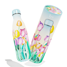 Colorful tulip field-themed thermos bottle with a capacity of 500ML, featuring a double-walled design to keep contents warm for 12 hours.