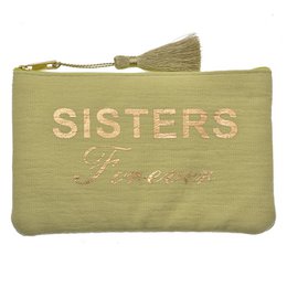  Green synthetic toiletry bag with "SISTERS" text in gold. Dimensions: 17 x 1 x 11 cm.