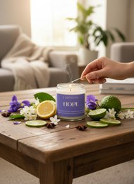  Purple cylindrical scented candle with bergamota, iris flower, jasmine, cotton wood wick, decorative floral arrangement.