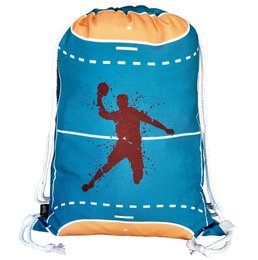  A blue drawstring backpack with a silhouette of a handball player in red. The backpack is designed for kids and is suitable for carrying sports gear or other items.