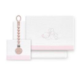 3-piece bedding set including a sheet, fitted sheet, and pillowcase in a coral fleece fabric with a pacifier holder featuring an elephant design. The set is suitable for a cot or crib measuring 60x120cm.