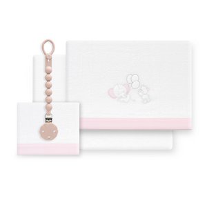 3 PCS Bedding COT 60x120 (Sheet155x110+gemonteerd S.120x60+Case60x40) Coral Flecce+Pacifier Holder - Mod. OSO -ELEFANTE - w/roze