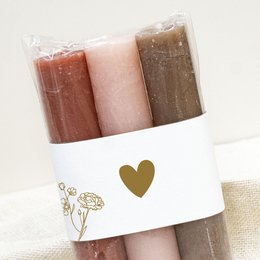  Heart-shaped candles in red, pink, and brown colors, packaged in a white box with a gold heart design.