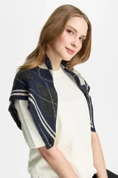  Navy mohair scarf with cream and white stripes, soft luxurious material, elegant draped style foulard.