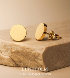  Gold-colored round stud drop earrings, premium stainless steel, minimalist Scandinavian design, luxury gift packaging.