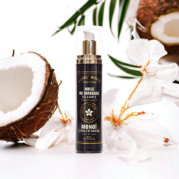  Massage oil with 4 organic monoi oils, 120ml. Contains moisturizing and nourishing ingredients for a relaxing massage experience.