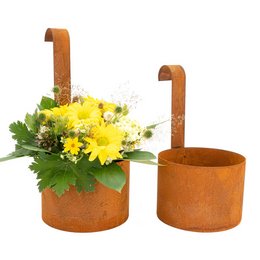 "Decorative hanging plant pots in a rustic patina finish, set of 2 for indoor or outdoor use. Features a round shape and metal hanging hooks."

The image shows a set of two decorative hanging plant pots with a rustic patina finish. The pots have a round shape and metal hanging hooks, making them suitable for indoor or outdoor use. The pots appear to be made of a durable material, likely metal or ceramic, and are designed to hold small plants or flowers. This description captures the key details of the product's colors, materials, shape, and intended use, providing enough information for a semantic search.