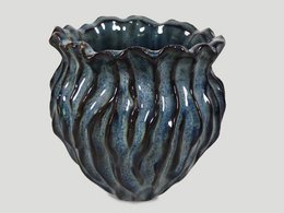  Blue ceramic planter pot, wave textured design, round bulbous shape, 18.5cm diameter, decorative ridged pattern