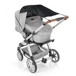 Black awning for baby carriage, made of durable material to provide shade and protection.