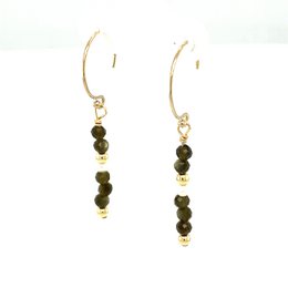  Gold-toned hoop earrings with dark green amazonite beads.