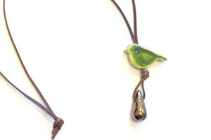 Necklace bird ceramic olive green