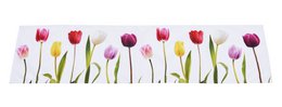  This table runner features a colorful floral design with tulips in various shades of red and purple. The runner measures 40x150cm and is suitable for use on tables.