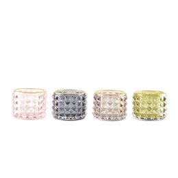  Set of 4 round candle holders in various pastel colors with golden edges, measuring 7x7x5.5cm.
