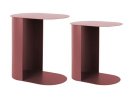  Oval burgundy side tables, modern minimalist design, set of two, curved metal legs, contemporary style.