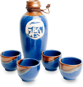 Edo Sakeset blau/braun, Flasche + 4 Becher, 500ml, Japan, Geschenkbox